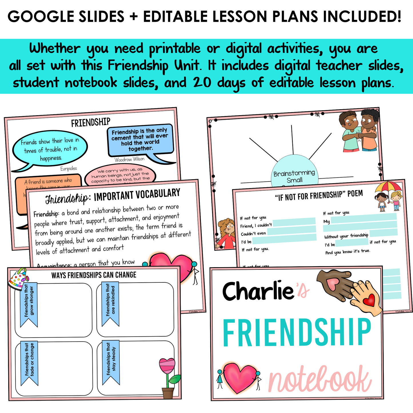 All SEL units include Google slides, a set of digital teacher slides for display and a set of student notebook slides that correspond with the social emotional learning lessons and activities.