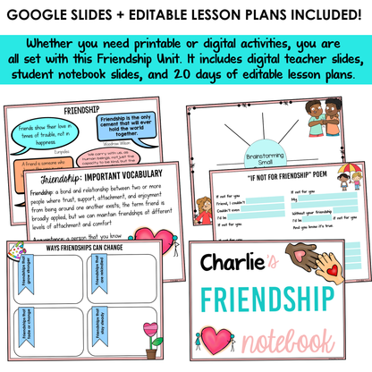 All SEL units include Google slides, a set of digital teacher slides for display and a set of student notebook slides that correspond with the social emotional learning lessons and activities.