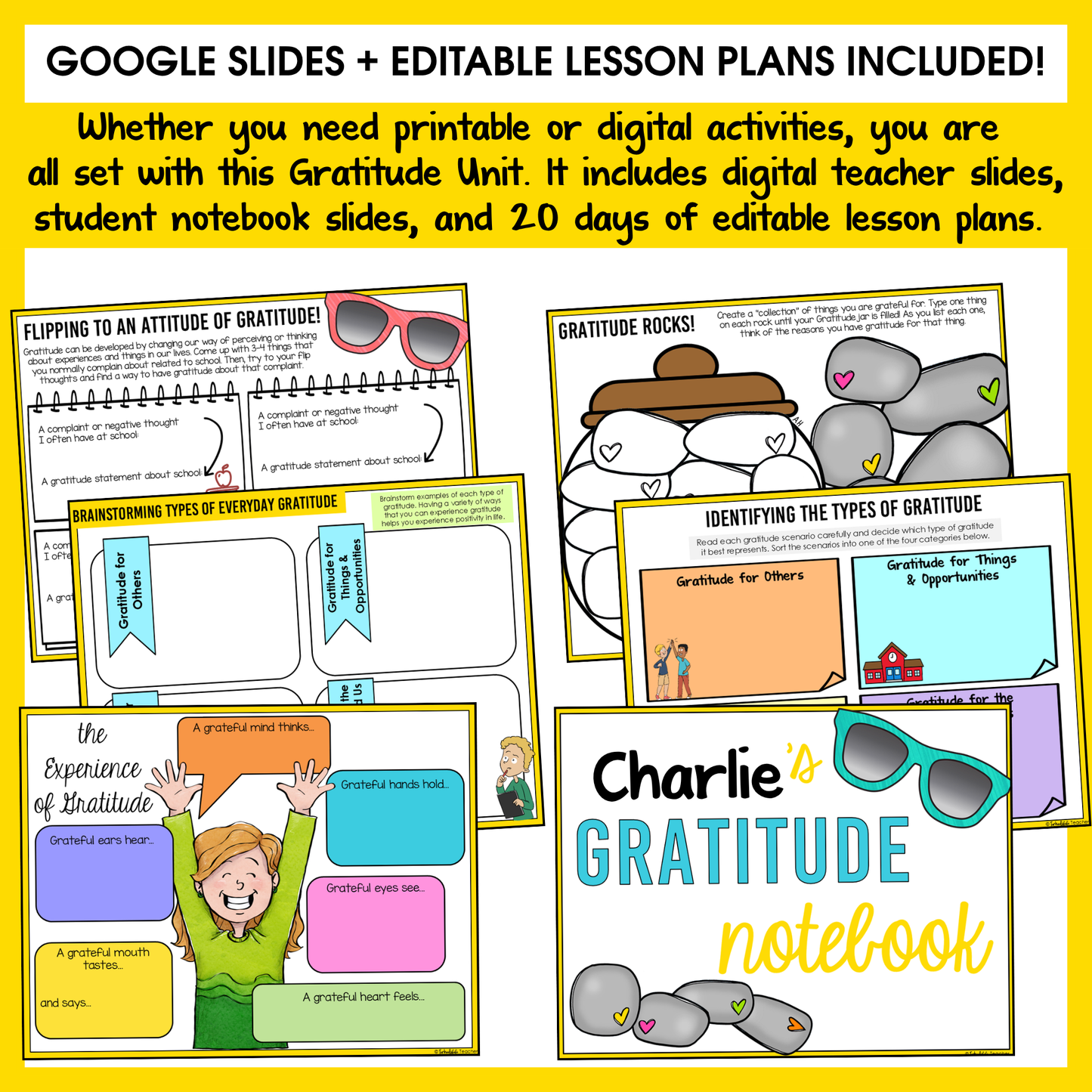 All SEL units include Google slides, a set of digital teacher slides for display and a set of student notebook slides that correspond with the social emotional learning lessons and activities.