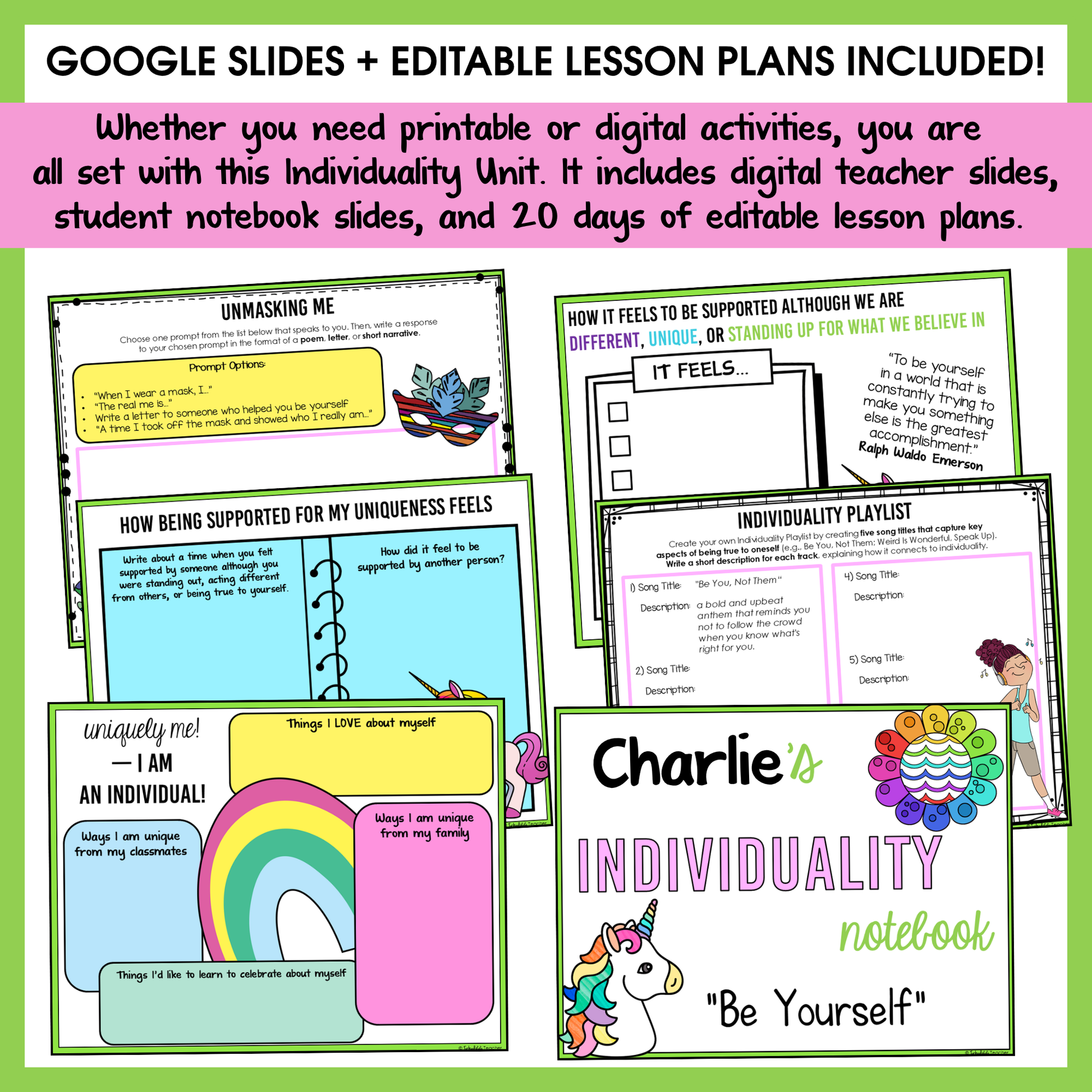 All SEL units include Google slides, a set of digital teacher slides for display and a set of student notebook slides that correspond with the social emotional learning lessons and activities.