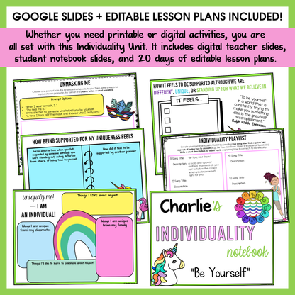 All SEL units include Google slides, a set of digital teacher slides for display and a set of student notebook slides that correspond with the social emotional learning lessons and activities.