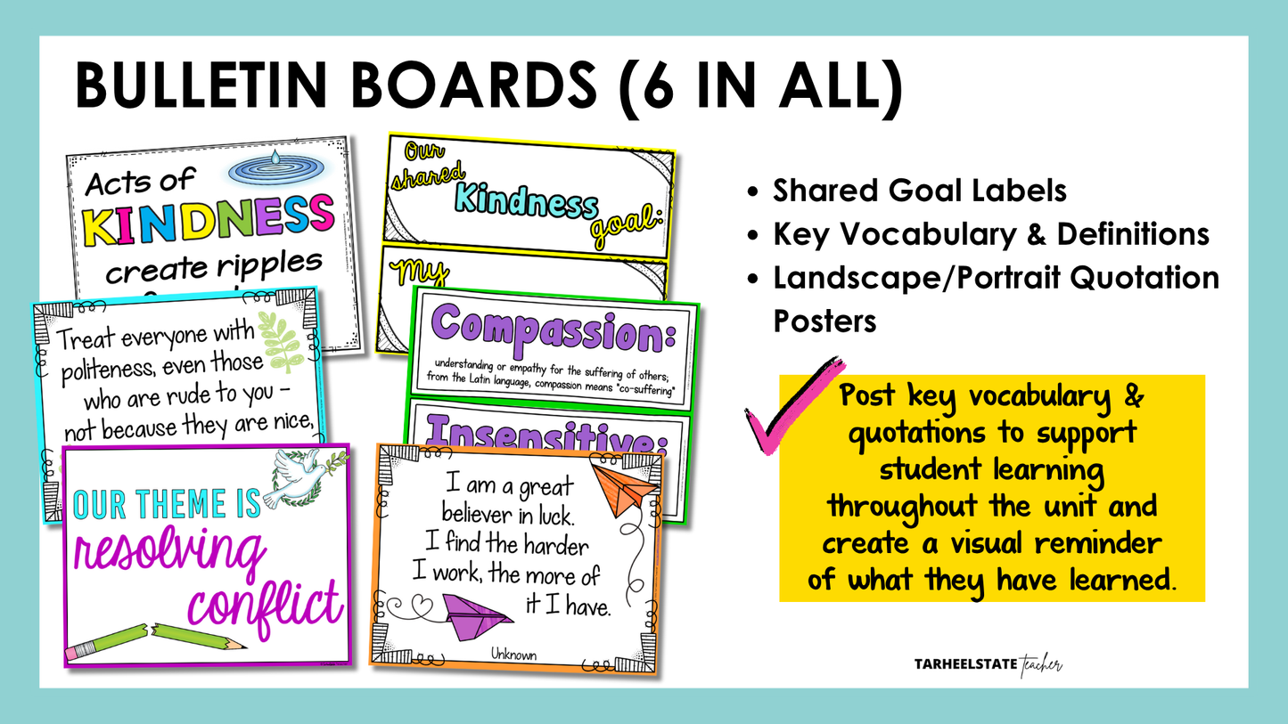 Bulletin board materials with important vocabulary and inspirational quotes related to each SEL theme included in the bundle.