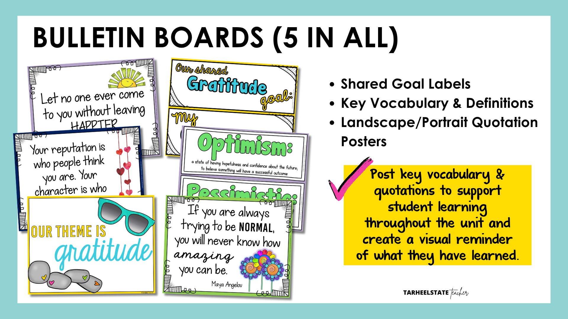Bulletin boards for display with important vocabulary and inspirational quotations for each social emotional learning unit in the bundle.