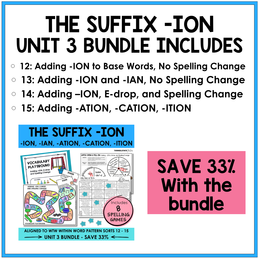 Educational materials on suffix '-ion' with games and activities for spelling and vocabulary.