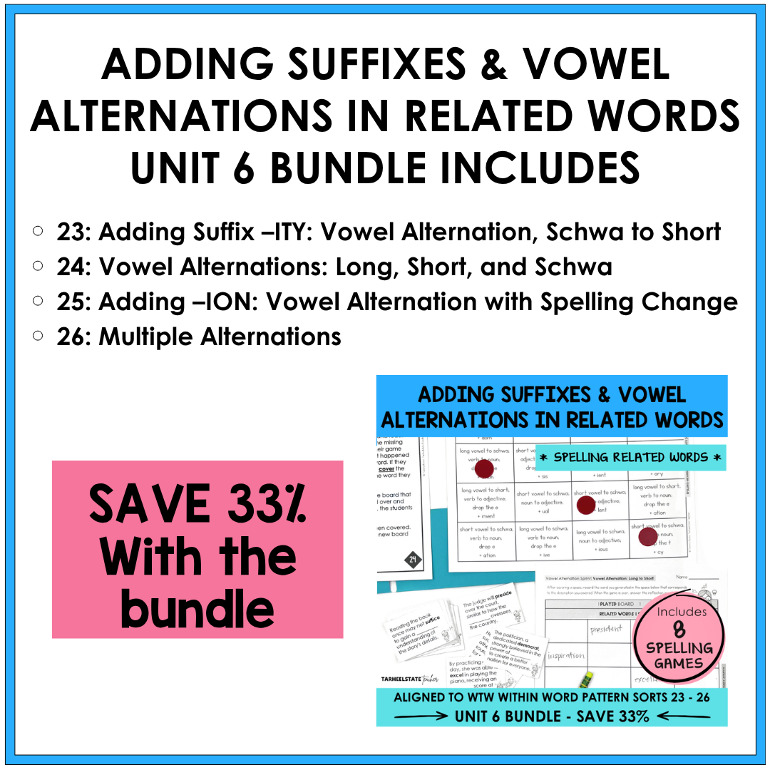 Morphology games and activities for adding suffixes and vowel alternations in related words in the Derivational Relations stage