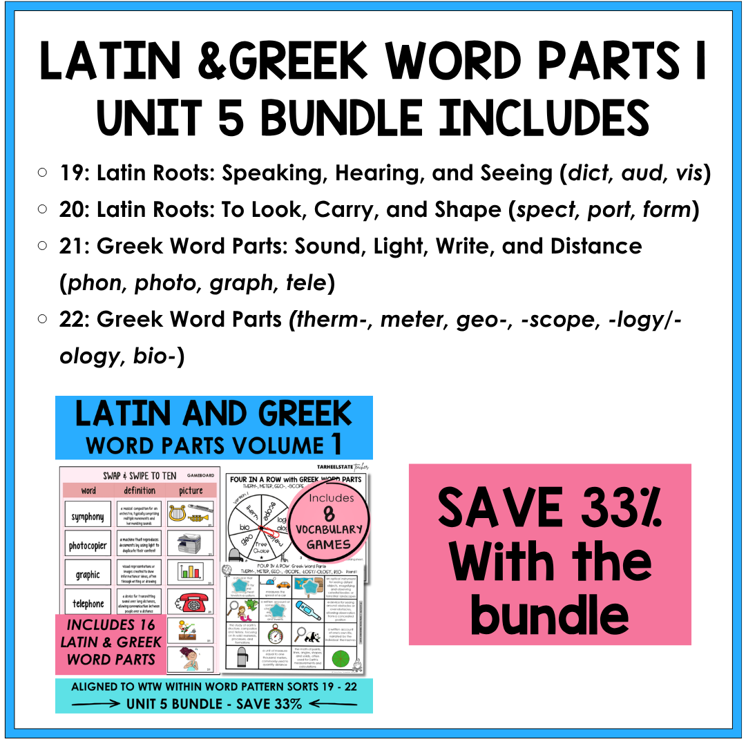 Morphology activities and spelling games for Latin and Greek roots and word parts. Aligned to Derivational Relations stage in Words Their Way