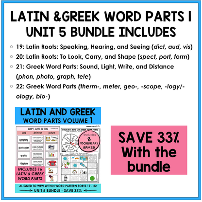 Morphology activities and spelling games for Latin and Greek roots and word parts. Aligned to Derivational Relations stage in Words Their Way