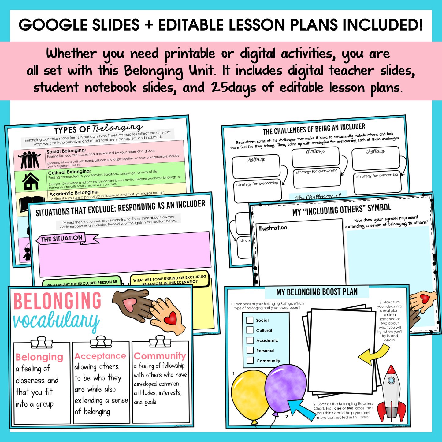 All SEL units include Google slides, a set of digital teacher slides for display and a set of student notebook slides that correspond with the social emotional learning lessons and activities.