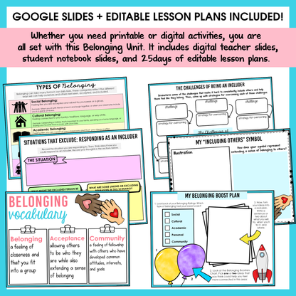 All SEL units include Google slides, a set of digital teacher slides for display and a set of student notebook slides that correspond with the social emotional learning lessons and activities.