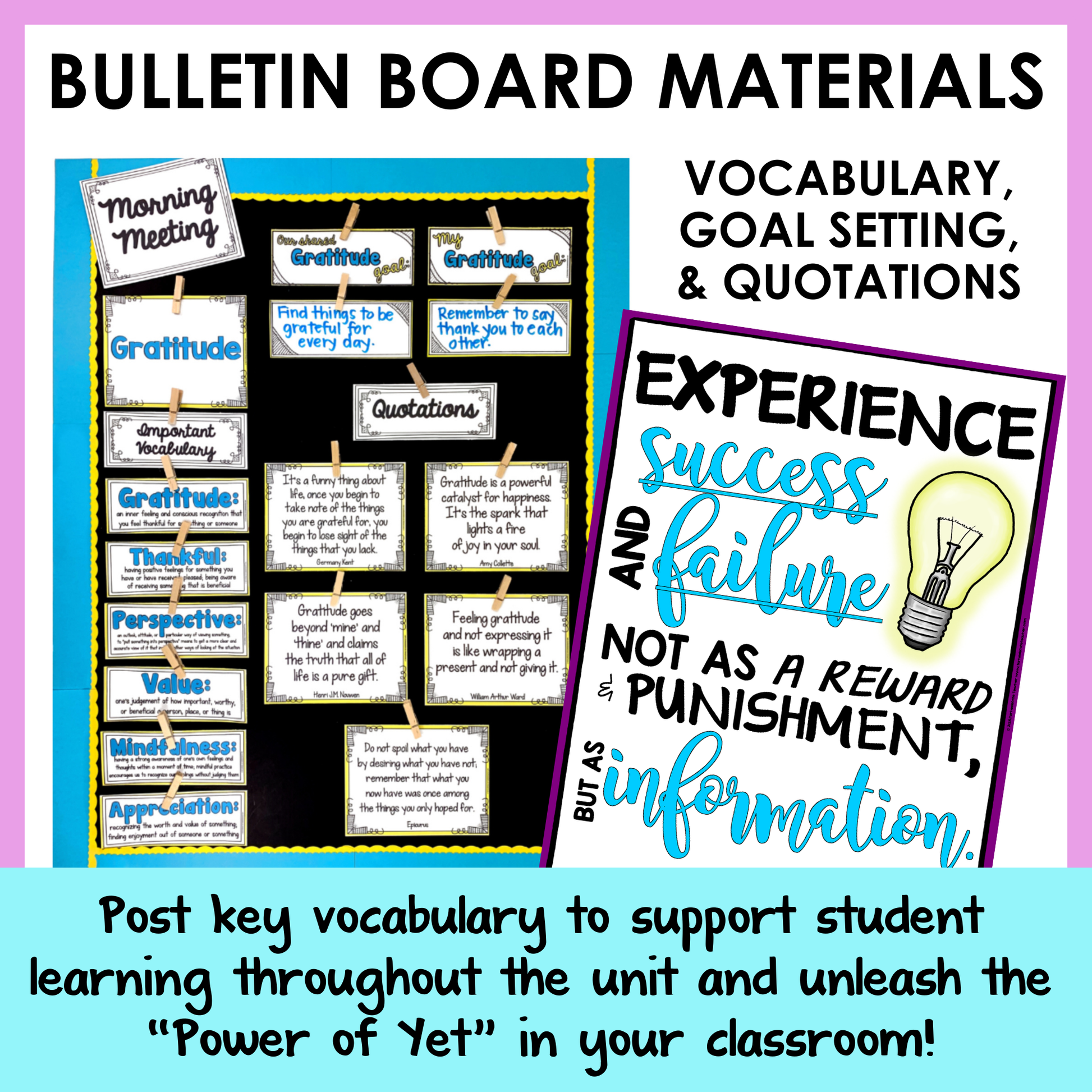 Bulletin board materials with vocabulary, goal setting, and quotations.