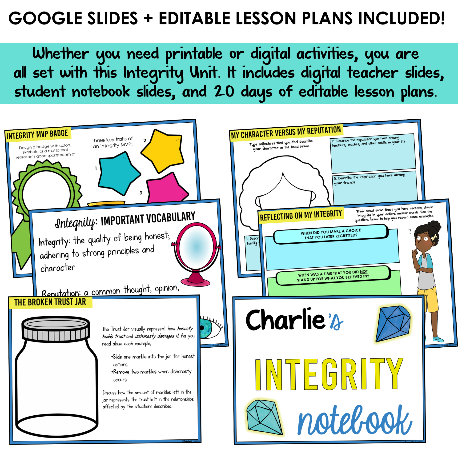 All SEL units include Google slides, a set of digital teacher slides for display and a set of student notebook slides that correspond with the social emotional learning lessons and activities.