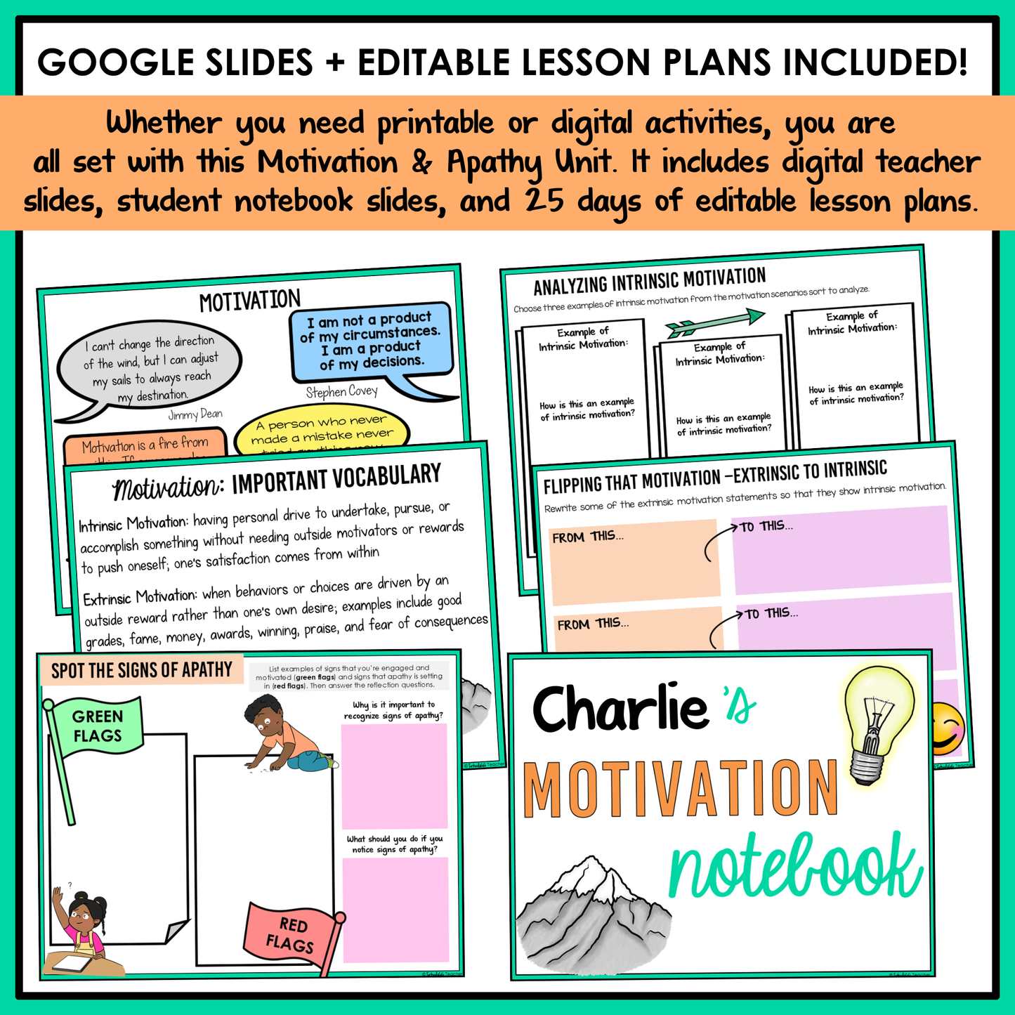 All SEL units include Google slides, a set of digital teacher slides for display and a set of student notebook slides that correspond with the social emotional learning lessons and activities.