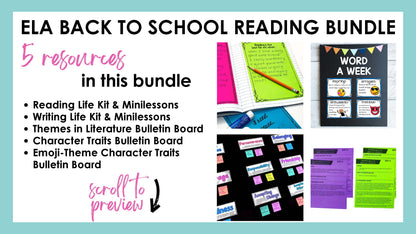 Back to school reading bundle with 5 resources: reading and writing workshop kits, theme and character traits bulletin boards