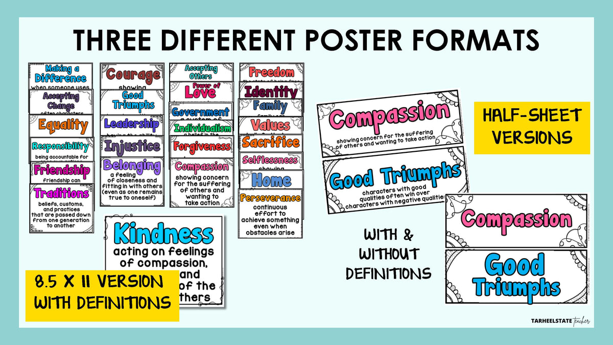 Themes in literature posters in three formats: full-page with definitions and half-sheet with or without definitions