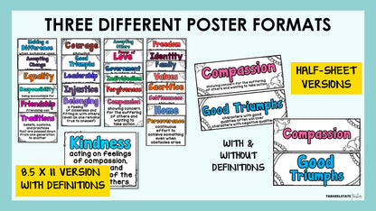 Themes in literature posters in three formats: full-page with definitions and half-sheet with or without definitions