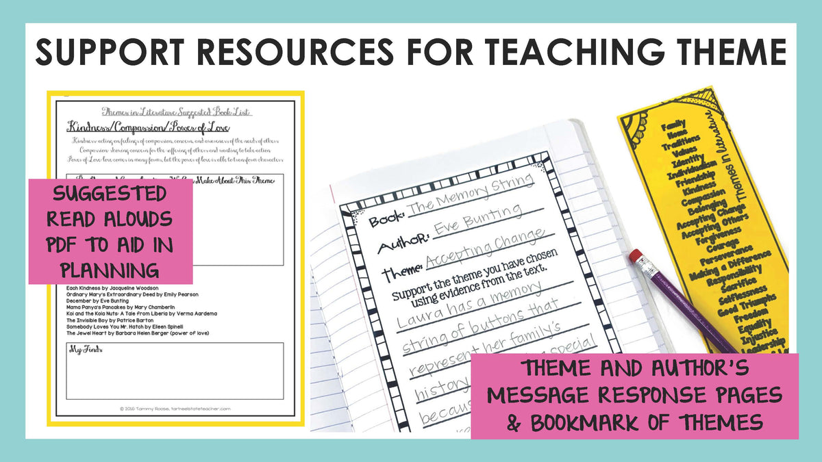 Teaching theme resources: suggested read aloud list, theme and author's message response pages, and theme bookmarks