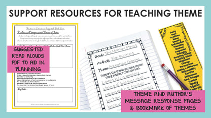 Teaching theme resources: suggested read aloud list, theme and author's message response pages, and theme bookmarks