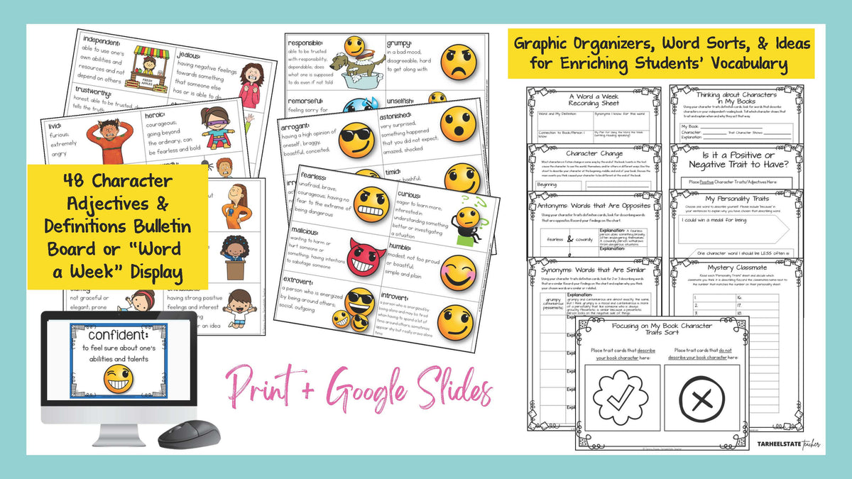 Character traits graphic organizers and word sorts with 48 character adjectives in print and Google Slides