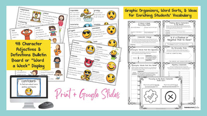 Character traits graphic organizers and word sorts with 48 character adjectives in print and Google Slides