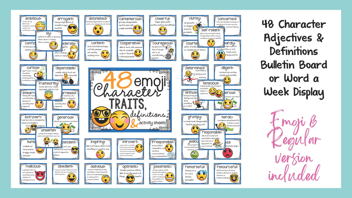 48 emoji character traits posters with definitions for a bulletin board or word a week vocabulary display