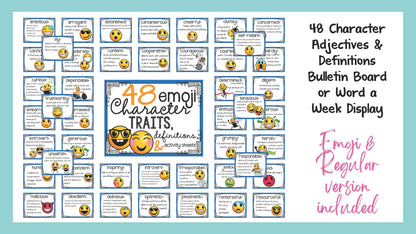 48 emoji character traits posters with definitions for a bulletin board or word a week vocabulary display