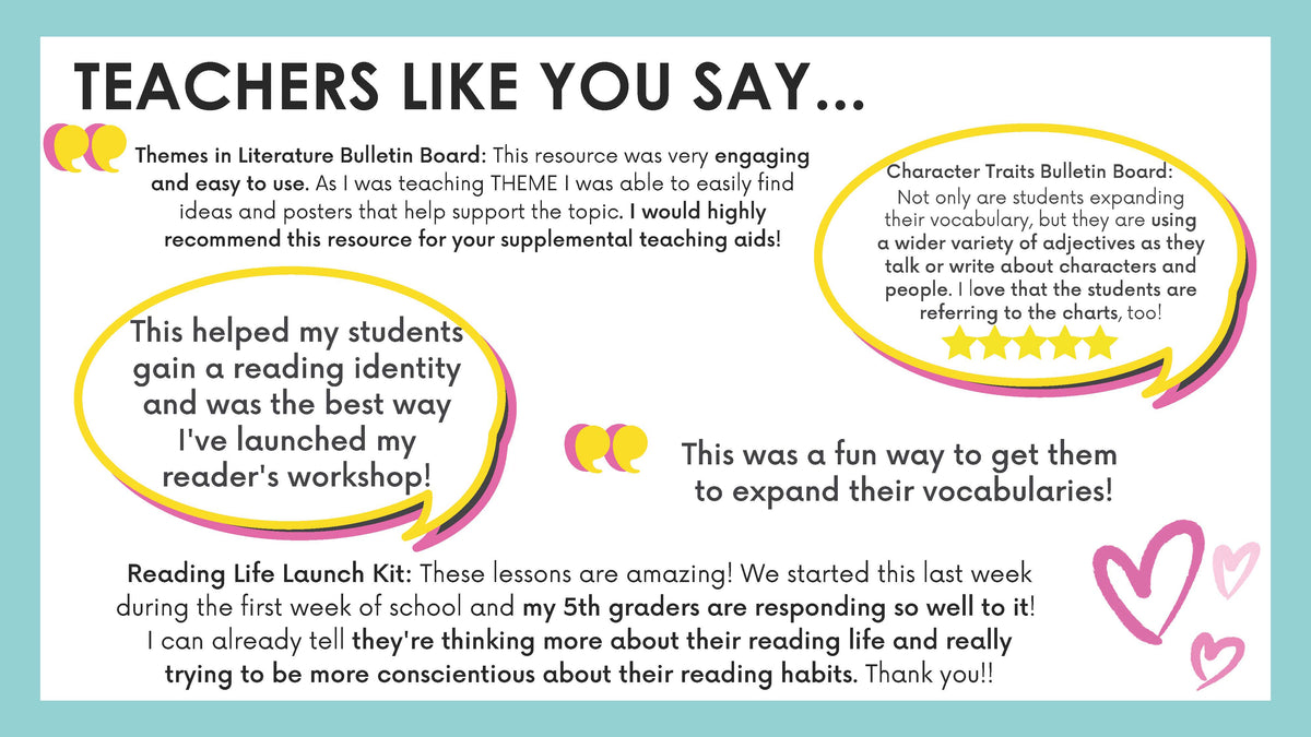 Teacher reviews of the themes in literature bulletin board, character traits kit, and reading life launch unit