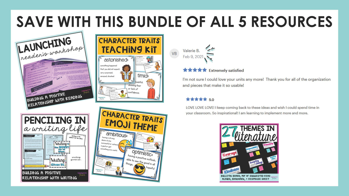 Save with this back to school ELA bundle of all 5 reading, writing, theme, and character traits resources