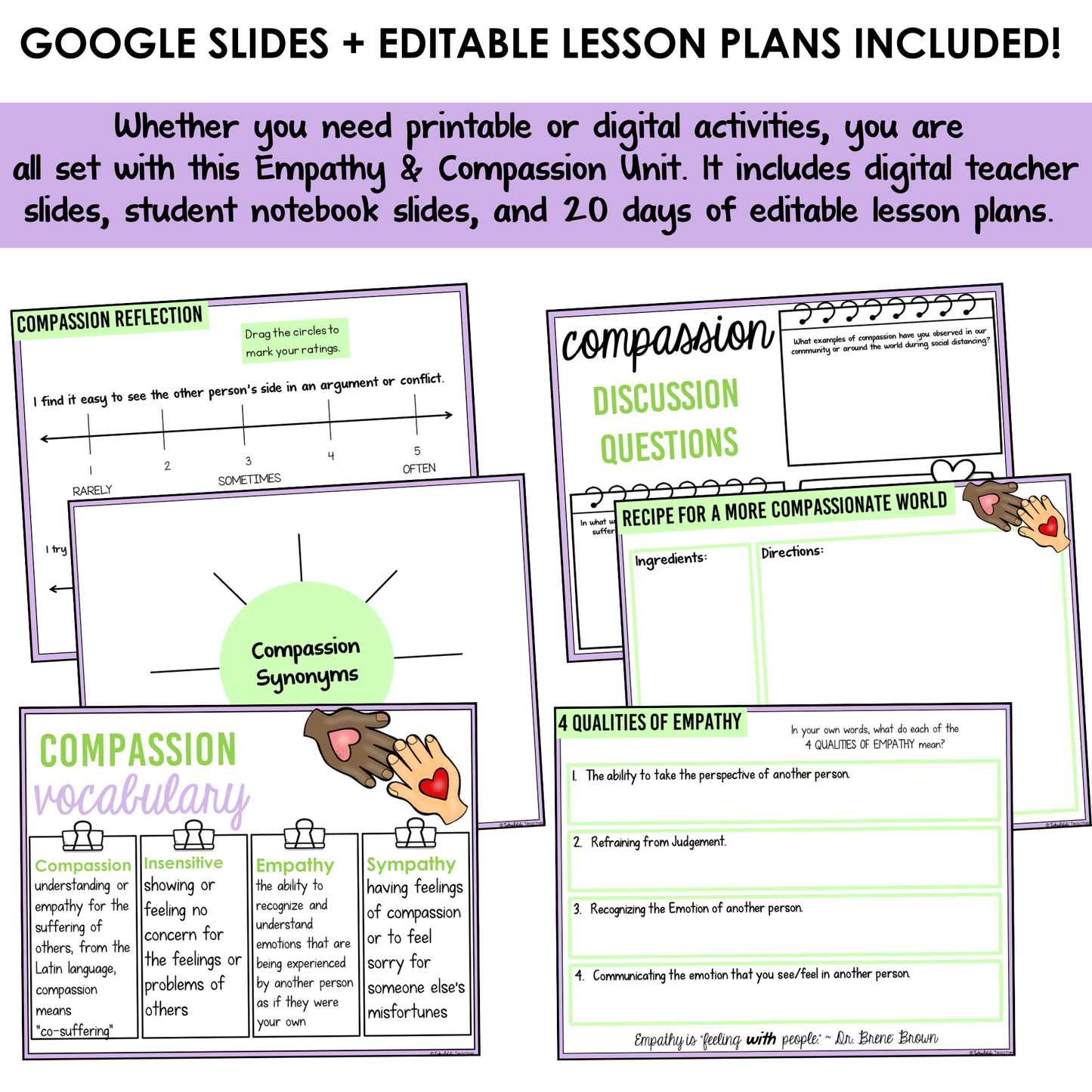 Educational materials on empathy and compassion with digital and printable activities.
