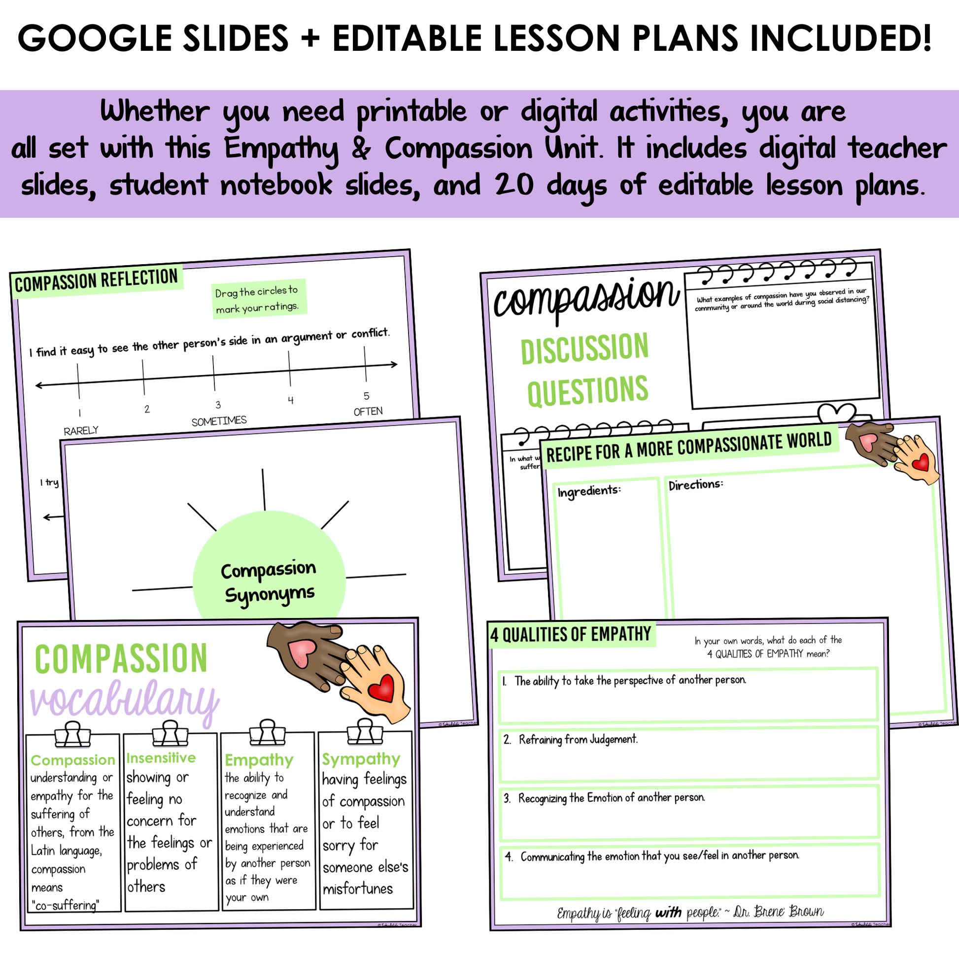 Educational materials on empathy and compassion with digital and printable activities.
