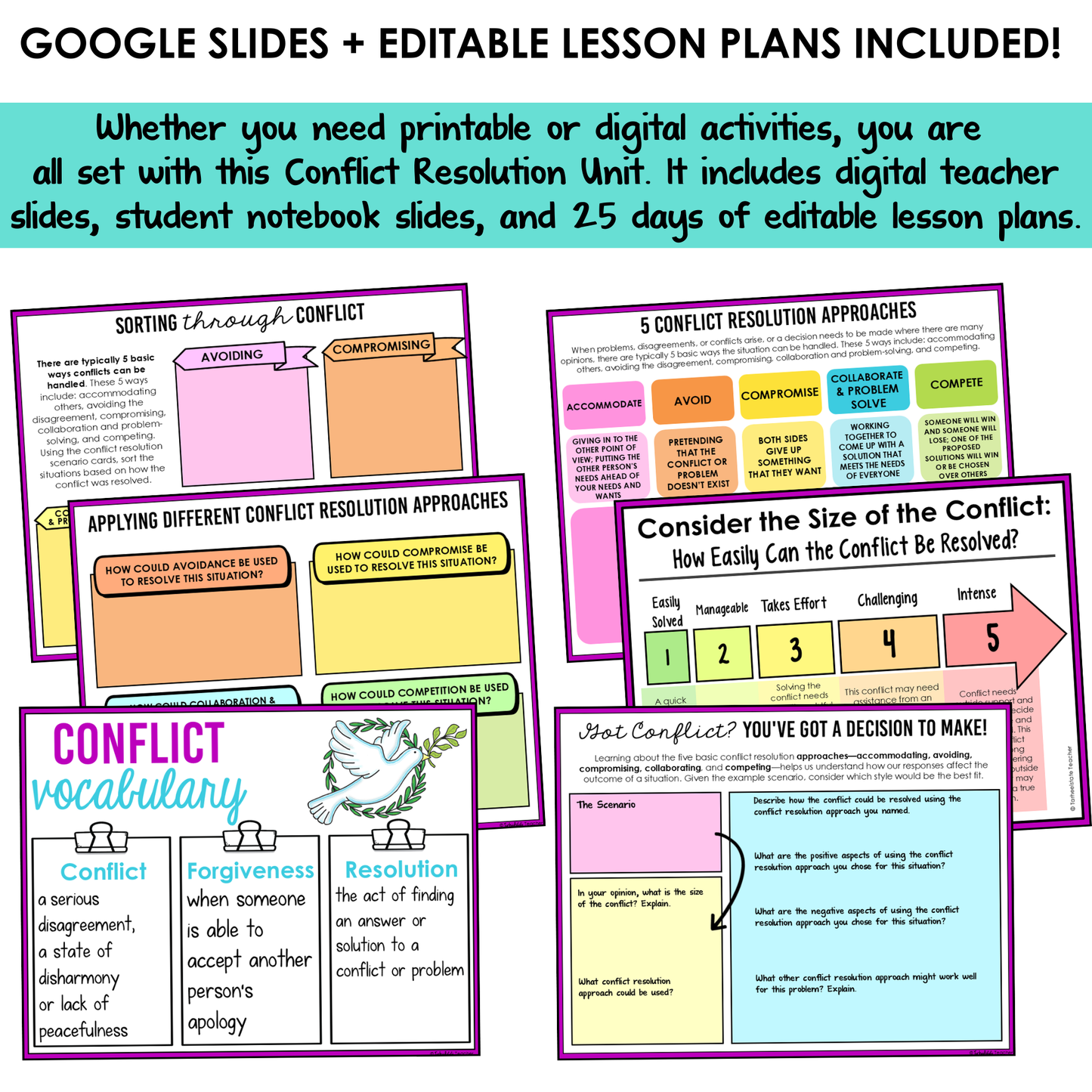 All SEL units include Google slides, a set of digital teacher slides for display and a set of student notebook slides that correspond with the social emotional learning lessons and activities.