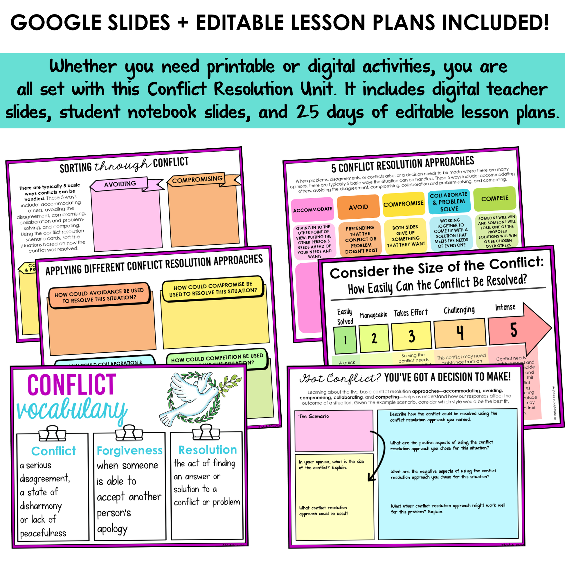 All SEL units include Google slides, a set of digital teacher slides for display and a set of student notebook slides that correspond with the social emotional learning lessons and activities.