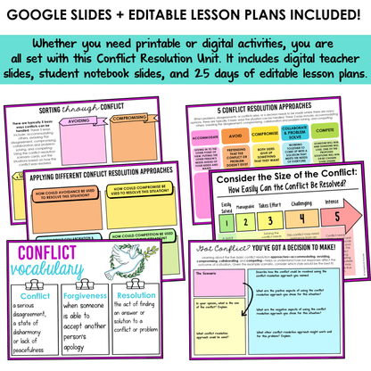 All SEL units include Google slides, a set of digital teacher slides for display and a set of student notebook slides that correspond with the social emotional learning lessons and activities.