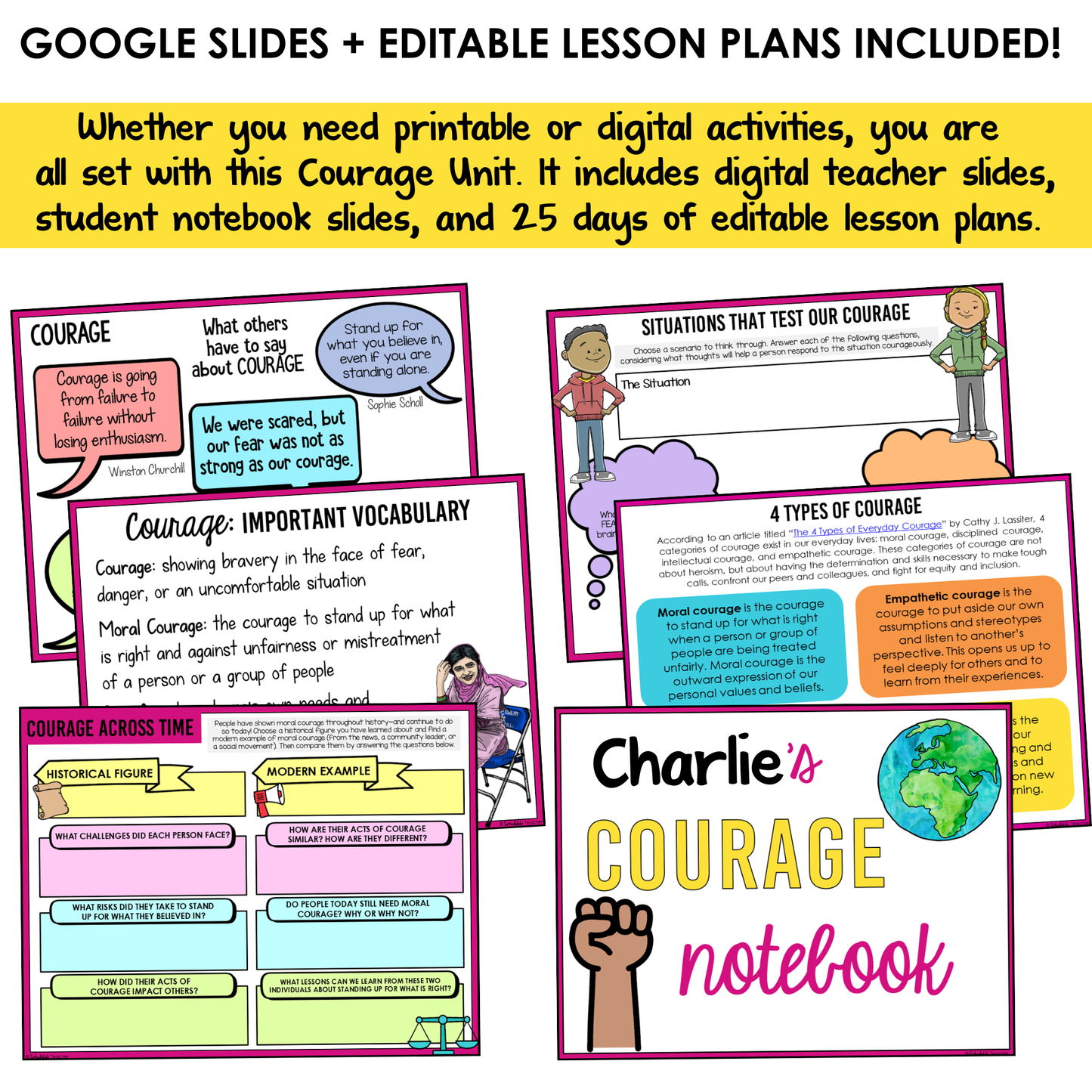 All SEL units include Google slides, a set of digital teacher slides for display and a set of student notebook slides that correspond with the social emotional learning lessons and activities.