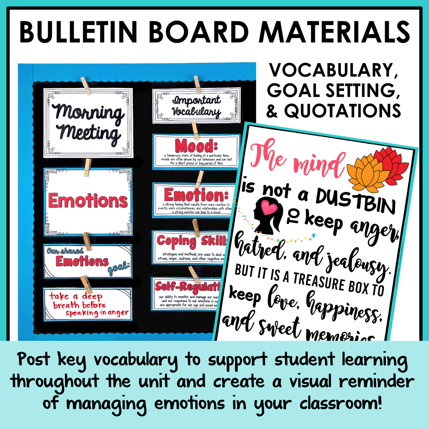 Bulletin board materials with important vocabulary and inspirational quote posters.