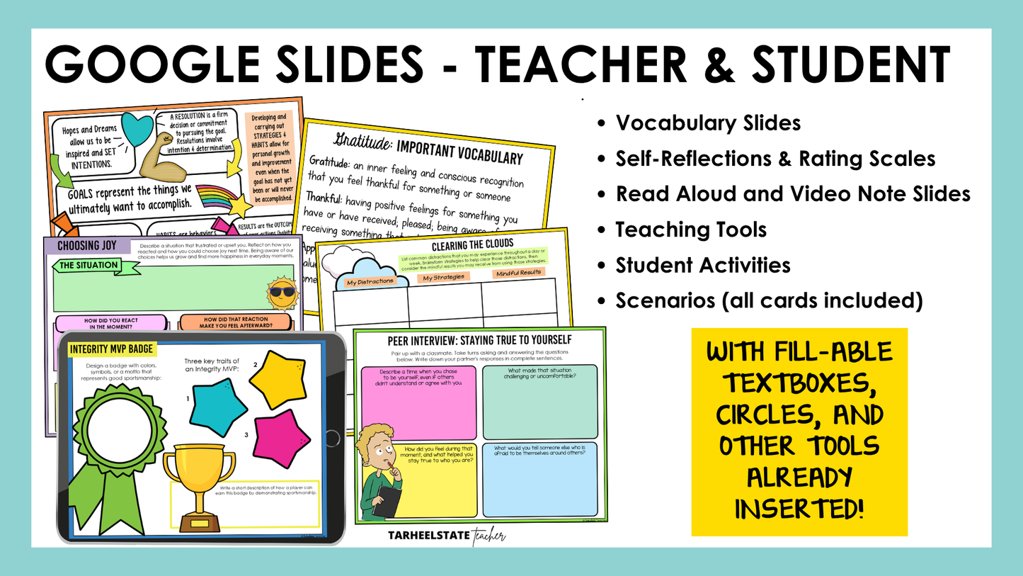 Google Slides for teacher display and student use included for each social emotional learning unit in the bundle.