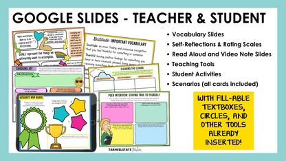 Google Slides for teacher display and student use included for each social emotional learning unit in the bundle.