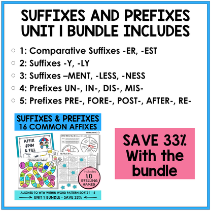 Introduce your students to 16 common prefixes and suffixes with engaging spelling board games and activities.