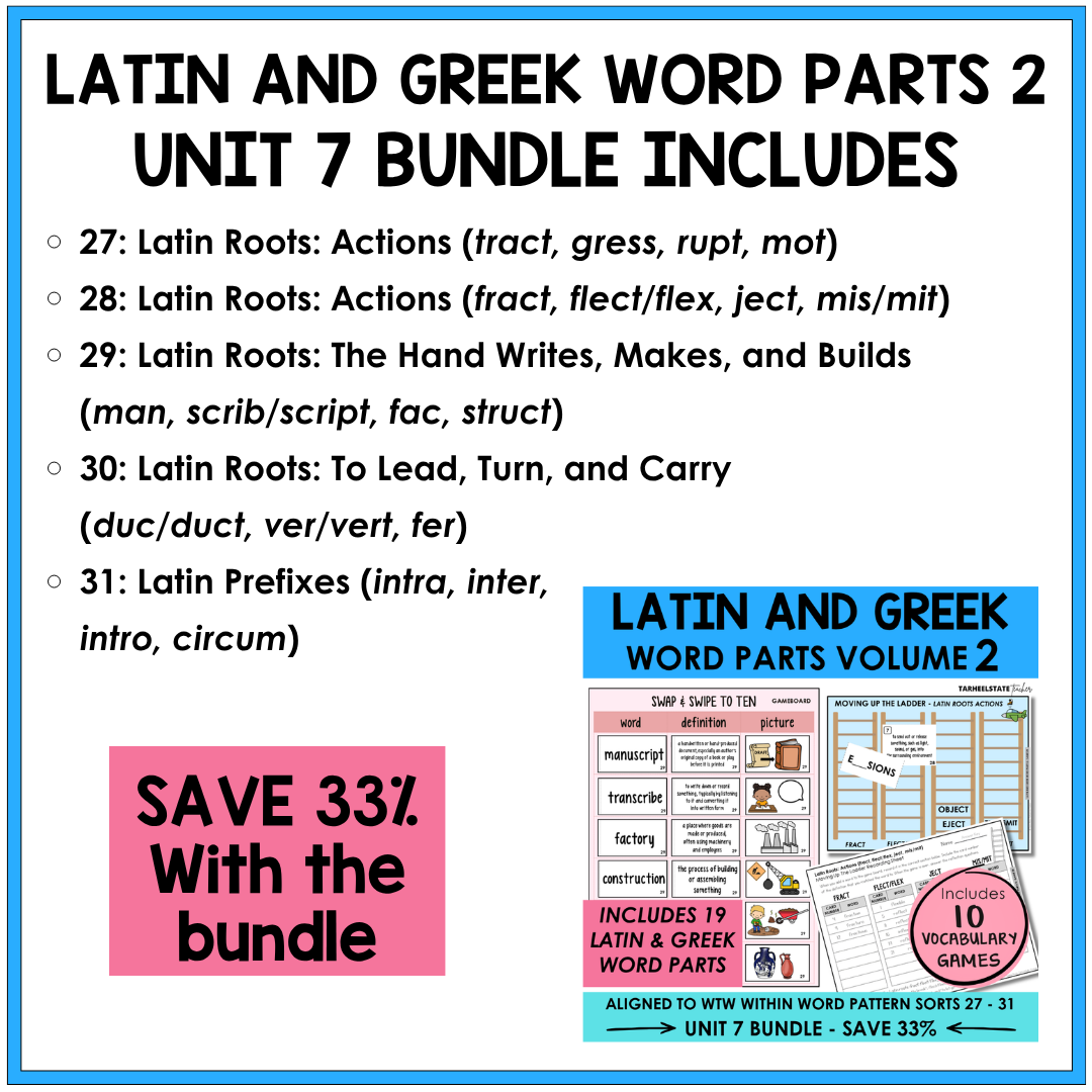 Morphology activities and spelling games for Latin and Greek roots and word parts. Aligned to Derivational Relations stage in Words Their Way
