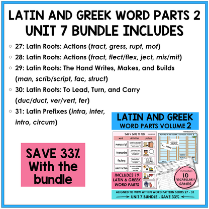 Morphology activities and spelling games for Latin and Greek roots and word parts. Aligned to Derivational Relations stage in Words Their Way