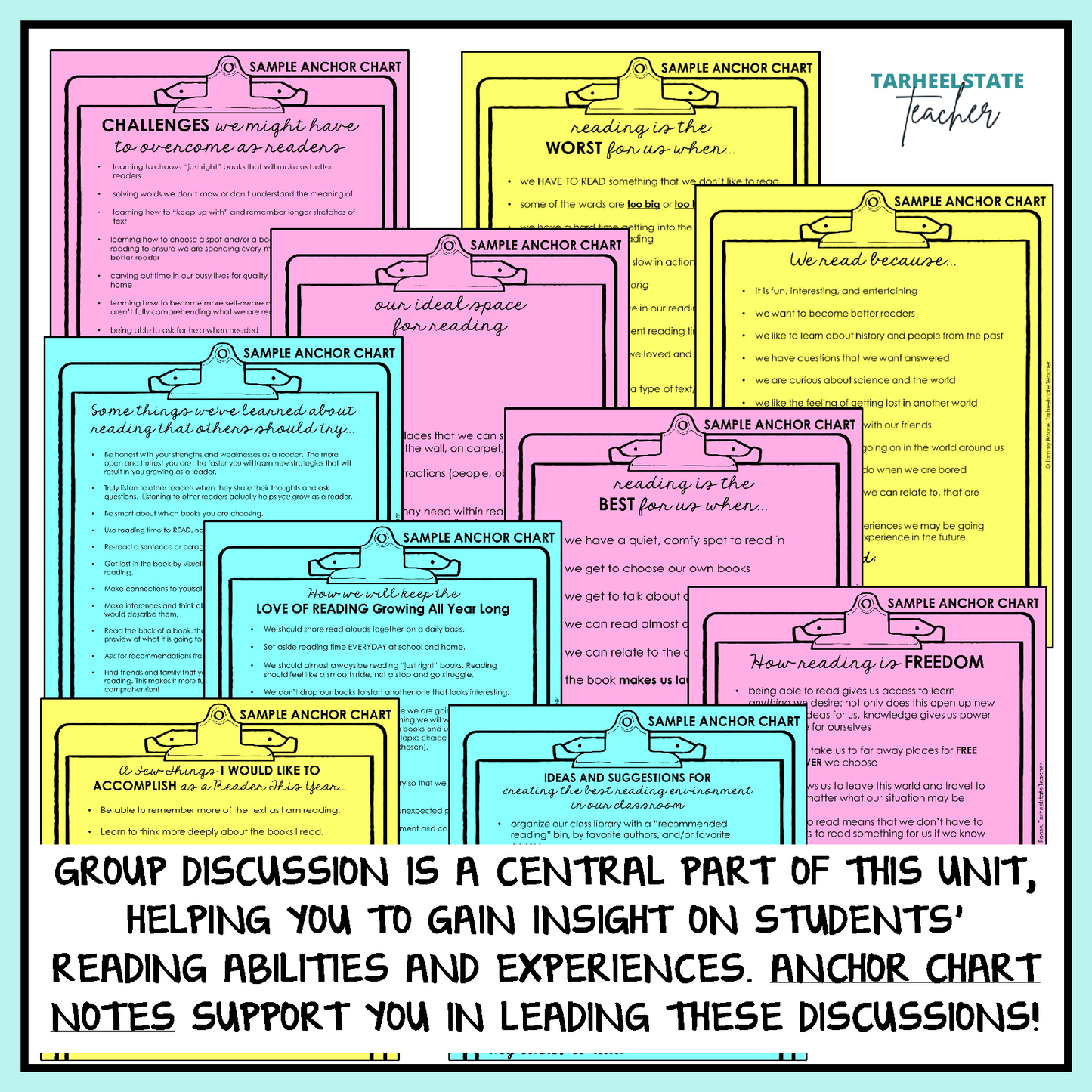 Collection of anchor charts included to promote student thought and class discussion