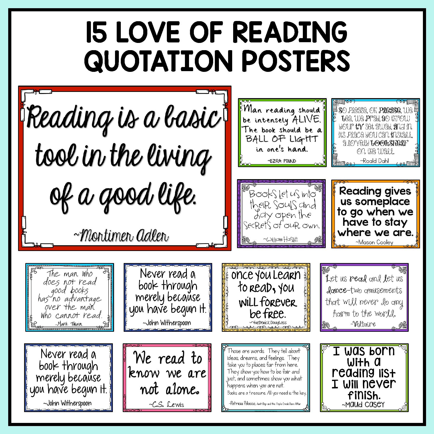 15 Love of Reading Quotation Posters for Beginning of the Year ELA Bulletin Board