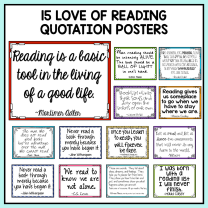 15 Love of Reading Quotation Posters for Beginning of the Year ELA Bulletin Board