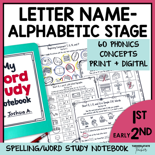 Spelling/word study notebook with phonics concepts for 1st to early 2nd graders in the Letter Name-Alphabetic stage.