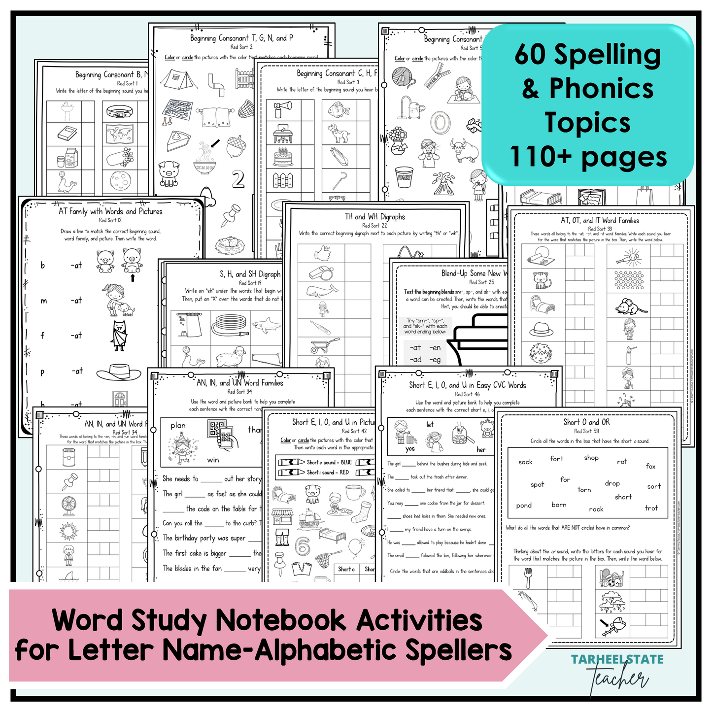 Collection of spelling and phonics worksheets with a focus on letter name-alphabetic spellers, featuring 60 topics and over 110 pages.