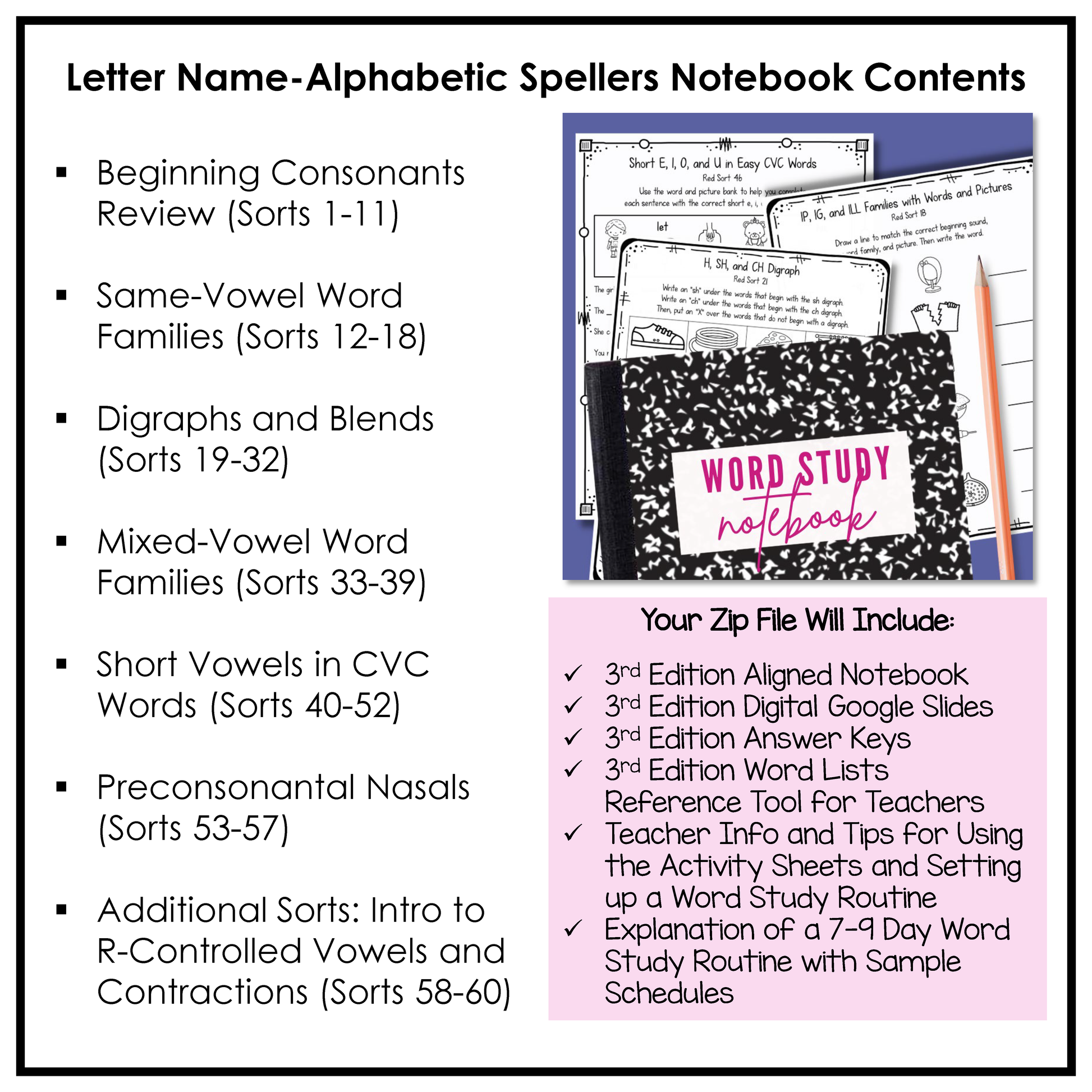 Word Study/Spelling Notebook with engaging sorting activities and spelling worksheets covering beginning consonant sounds, word families, beginning digraphs and blends, short vowel sounds in CVC words, nasal blends and final blends, contractions, and an introduction to r-controlled vowels.