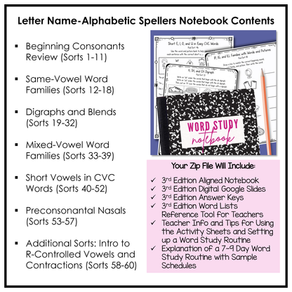 Word Study/Spelling Notebook with engaging sorting activities and spelling worksheets covering beginning consonant sounds, word families, beginning digraphs and blends, short vowel sounds in CVC words, nasal blends and final blends, contractions, and an introduction to r-controlled vowels.