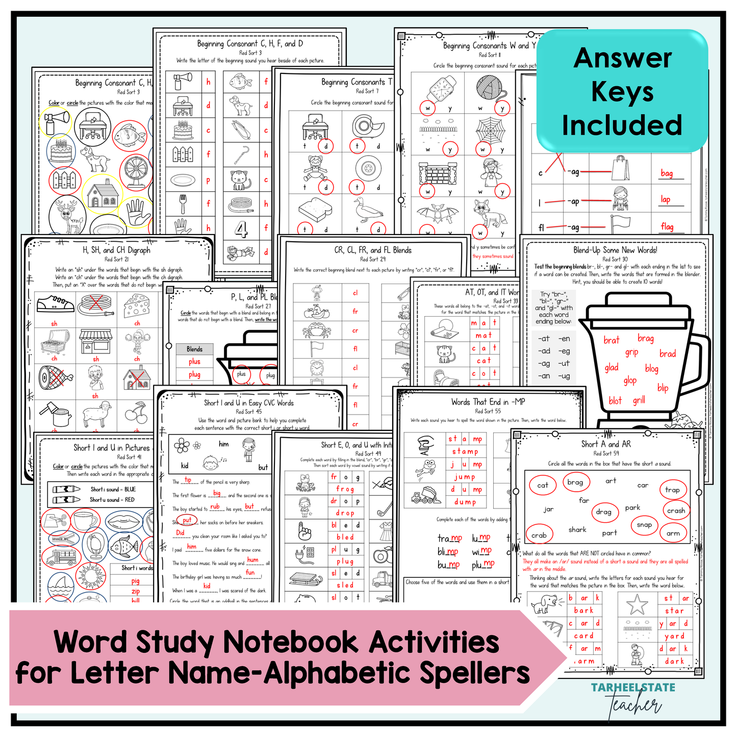 Word study/spelling interactive notebook for students in the Letter Name-Alphabetic stage with answer keys included