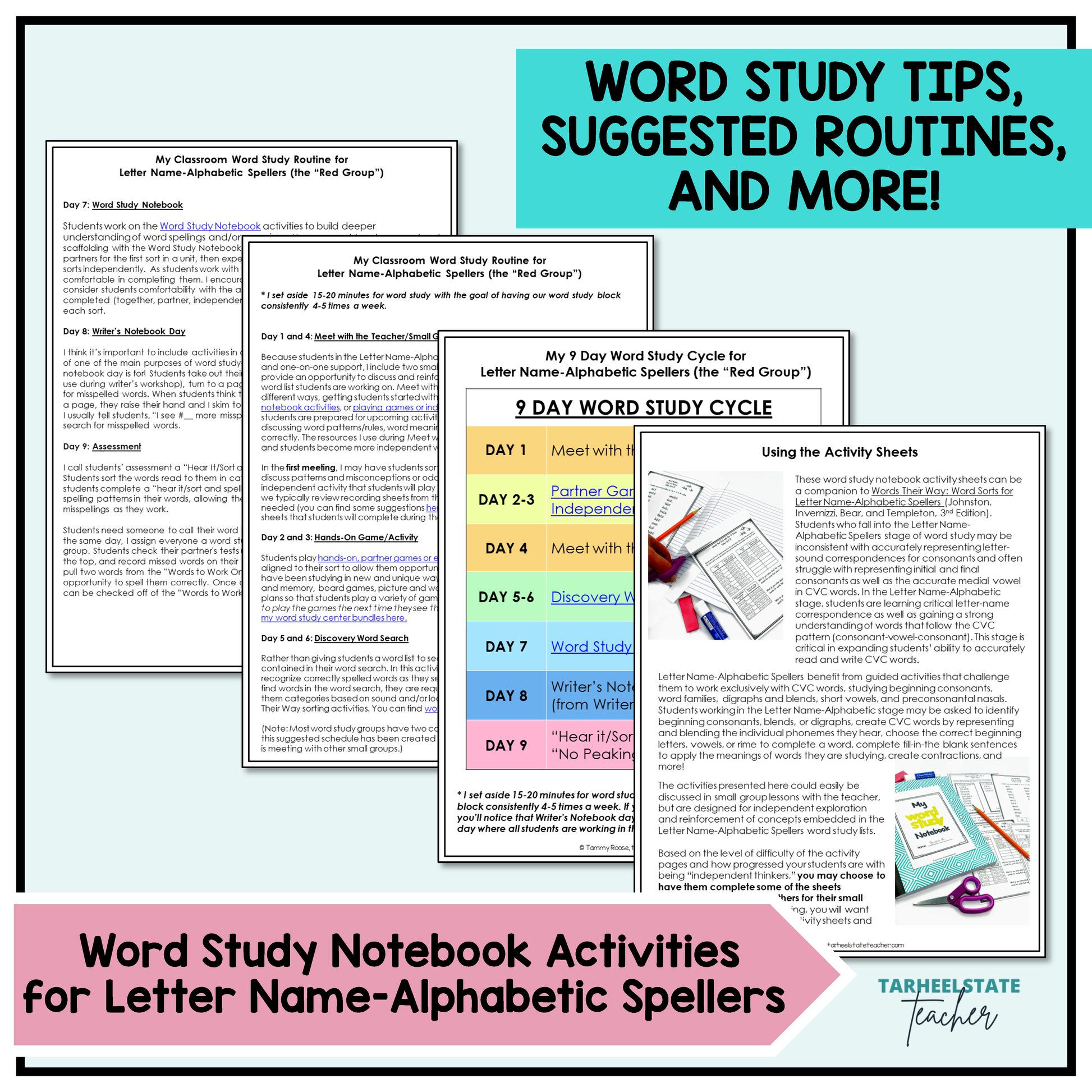 Word study notebook activities, tips, and suggested routines for implementation for letter name-alphabetic spellers.