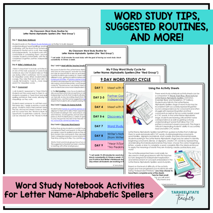 Word study notebook activities, tips, and suggested routines for implementation for letter name-alphabetic spellers.