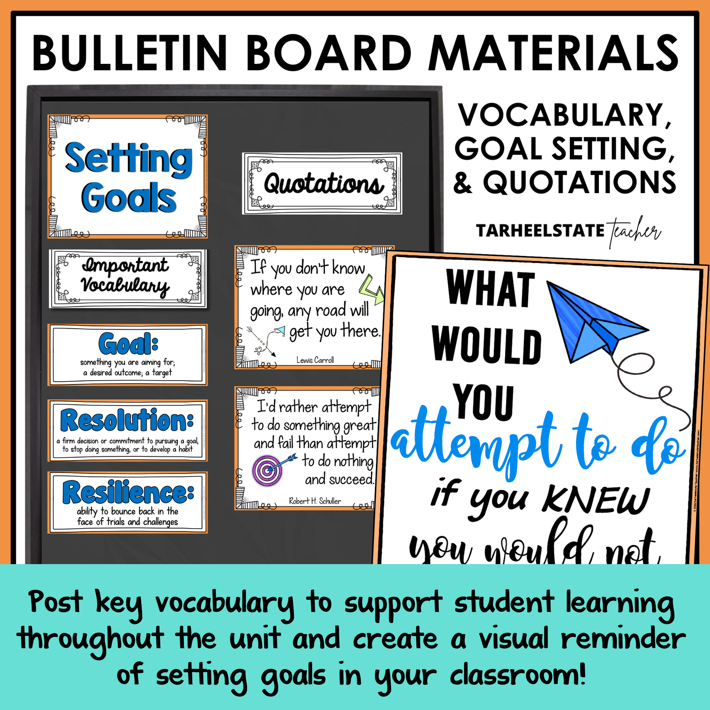 Bulletin board materials with vocabulary, inspirational quotes, and posters.